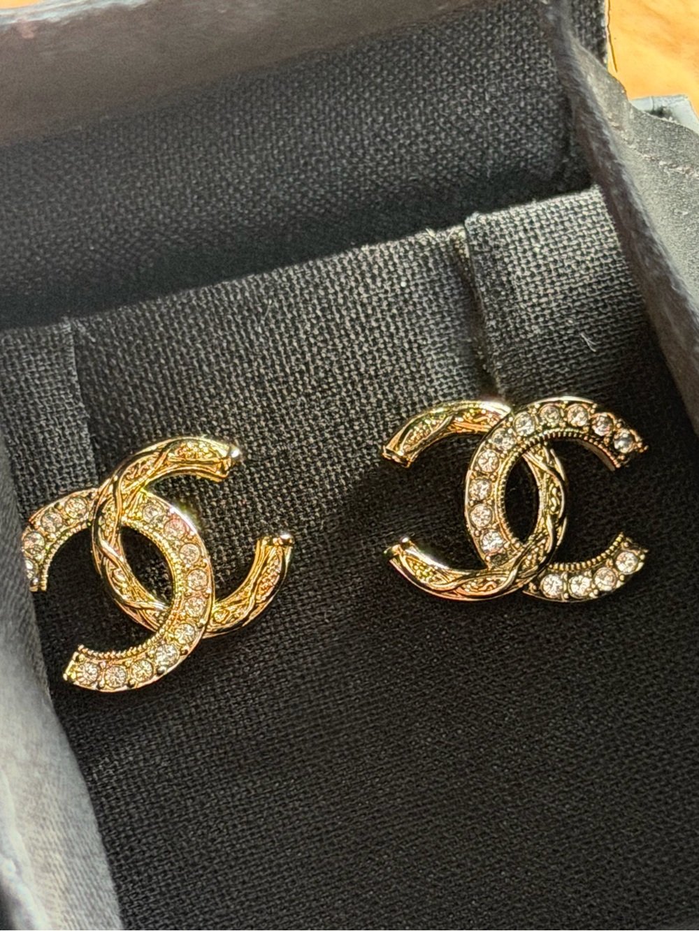 CHANEL  Gold Crystal Interlocking Logo Stud Earrings - Designer Style